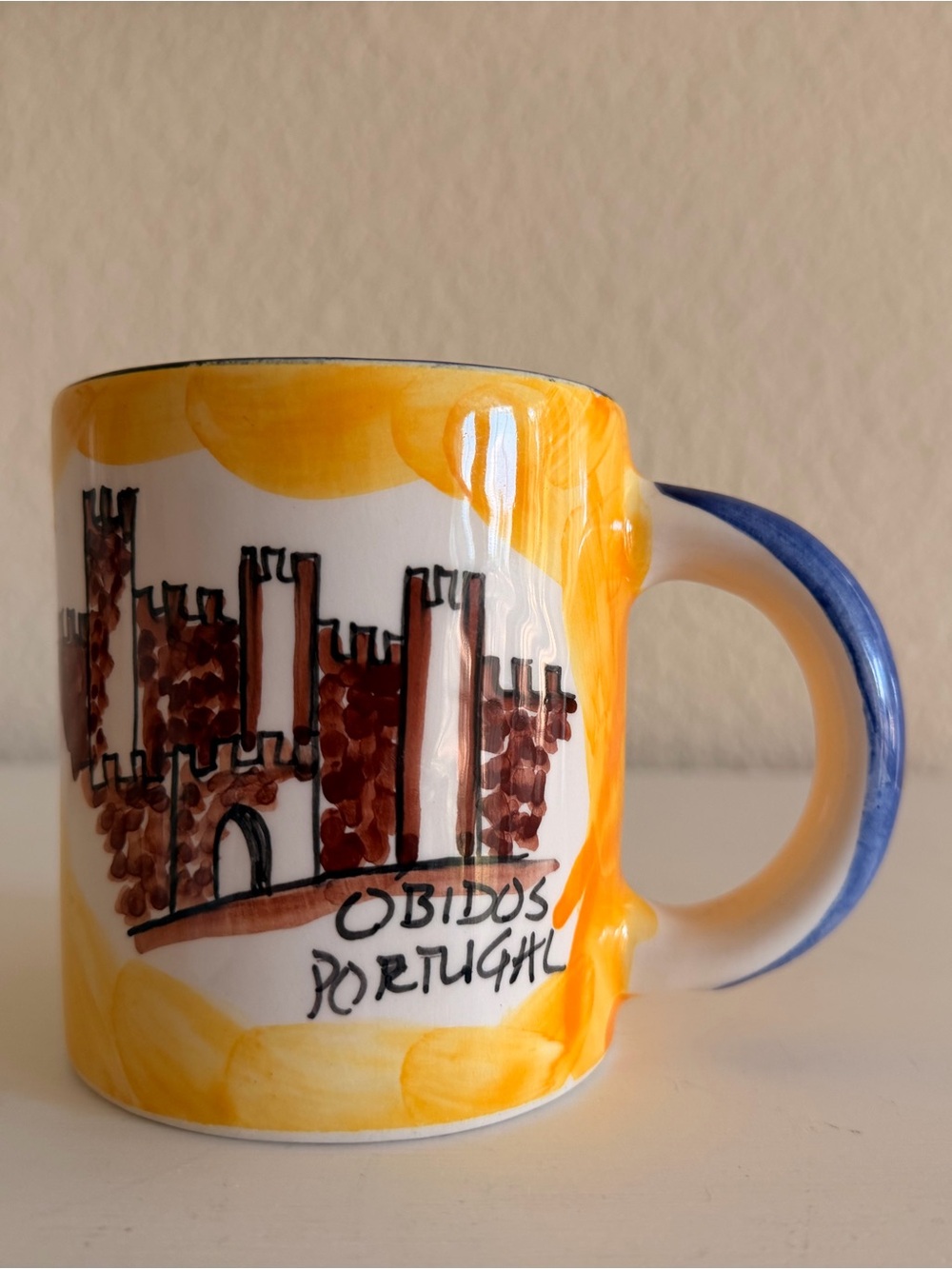 Obidos Portugal Ceramic Mug in Yellow and Blue